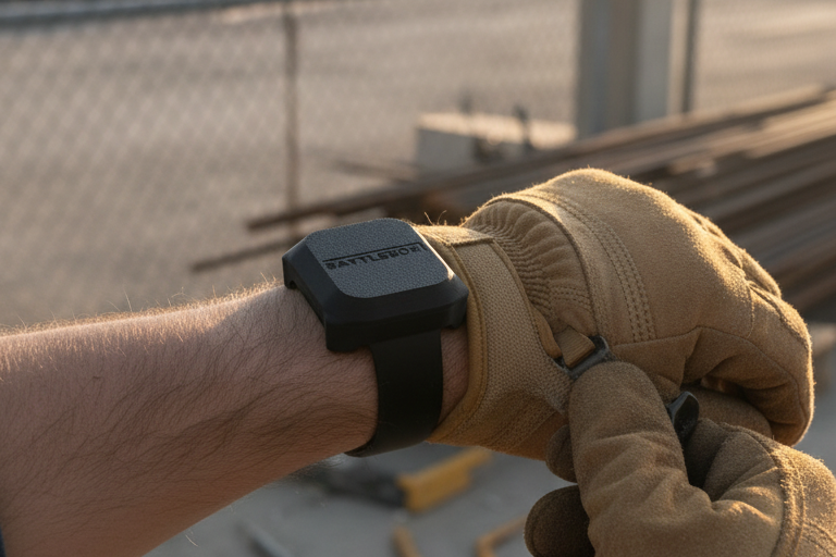 Person wearing a tan work glove and black battlebox case on a construction site.